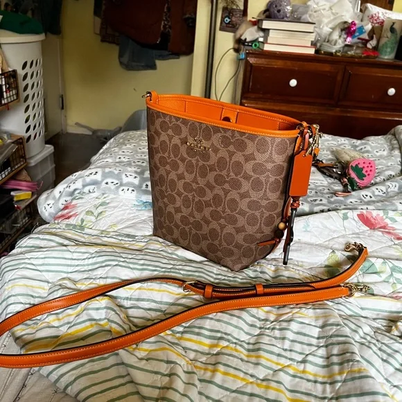 Coach Signature Canvas and Bright Mandarin City Bucket Bag - Picture 16 of 16